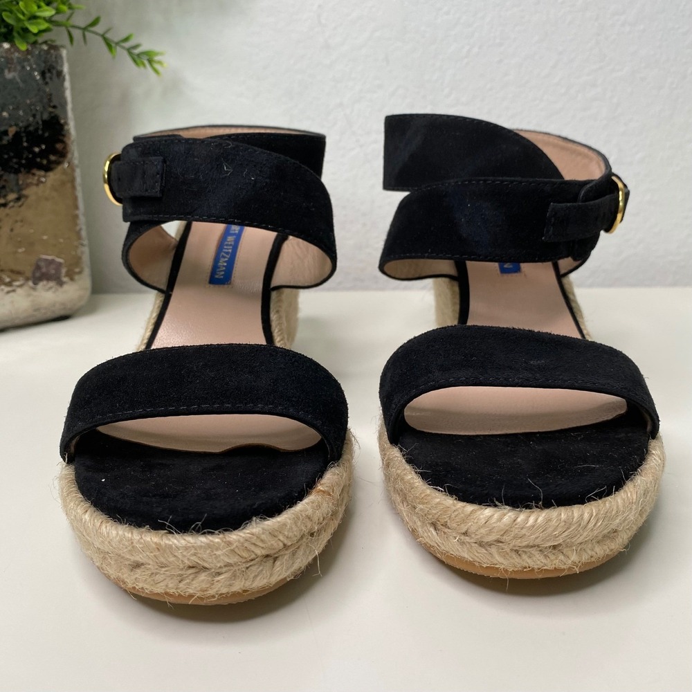 Stuart Weitzman Lexia Espadrille Wedge Sandal Ankle Strap Black Suede Size 8 - Picture 4 of 13